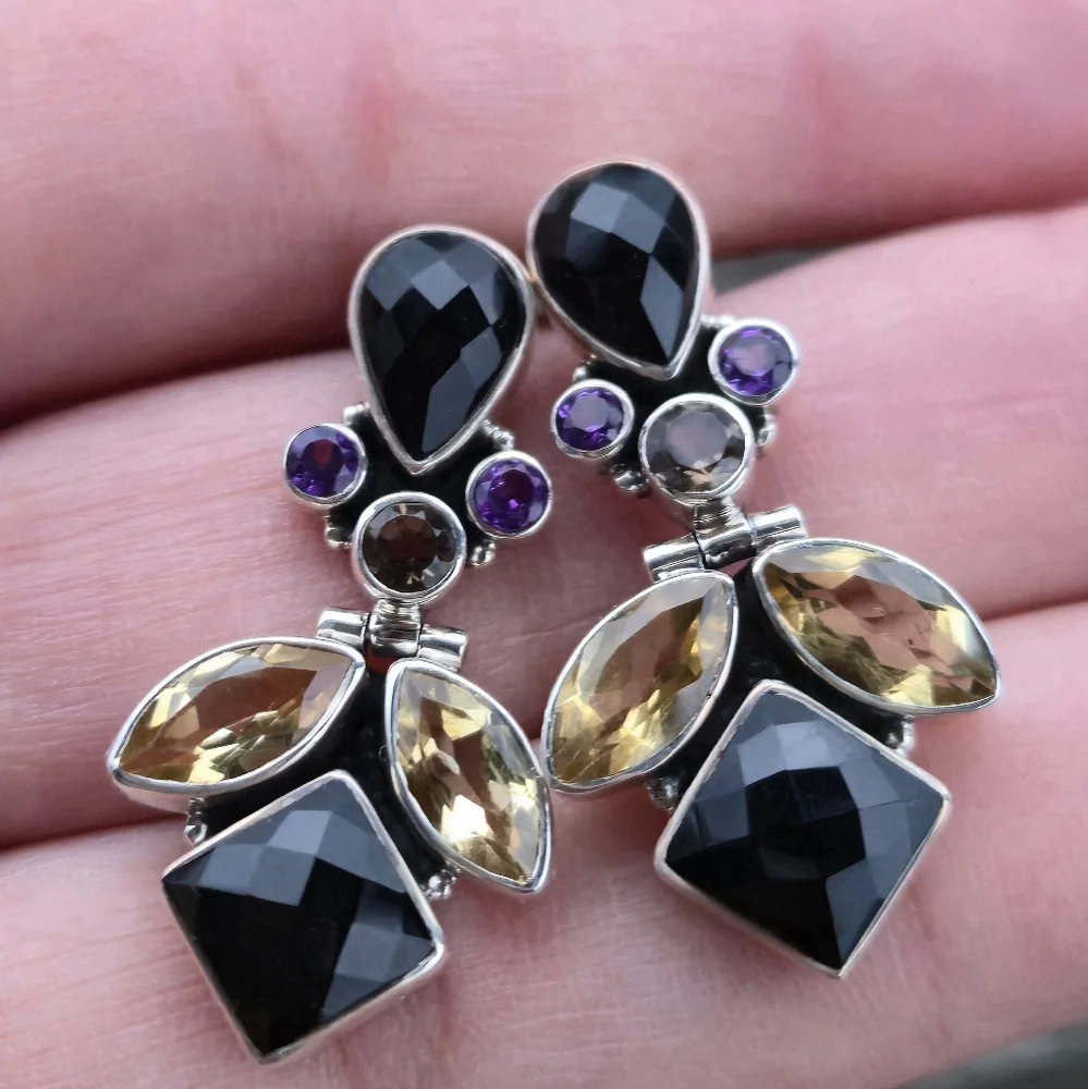 Nicky Butler 925 Sterling Silver Designer Onyx Citrine Amethyst Quartz Earrings - Picture 2 of 13